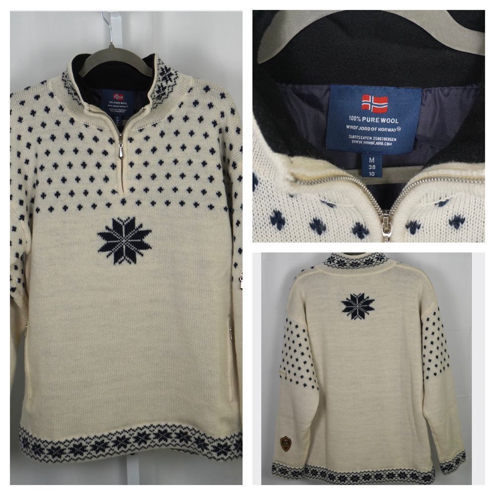 Windfjord of Norway Windproof Wool Sweater Jacket Fleece Collar Zipper Pockets